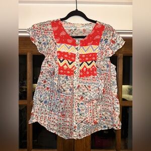 EUC Anthropologie Size 10 Medium‎ Floral Patchwork Top - Red White and Blue